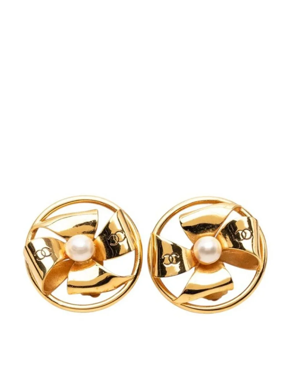 Chanel CC Logo Ribbon Round Earrings Gold Plated Faux Pearl